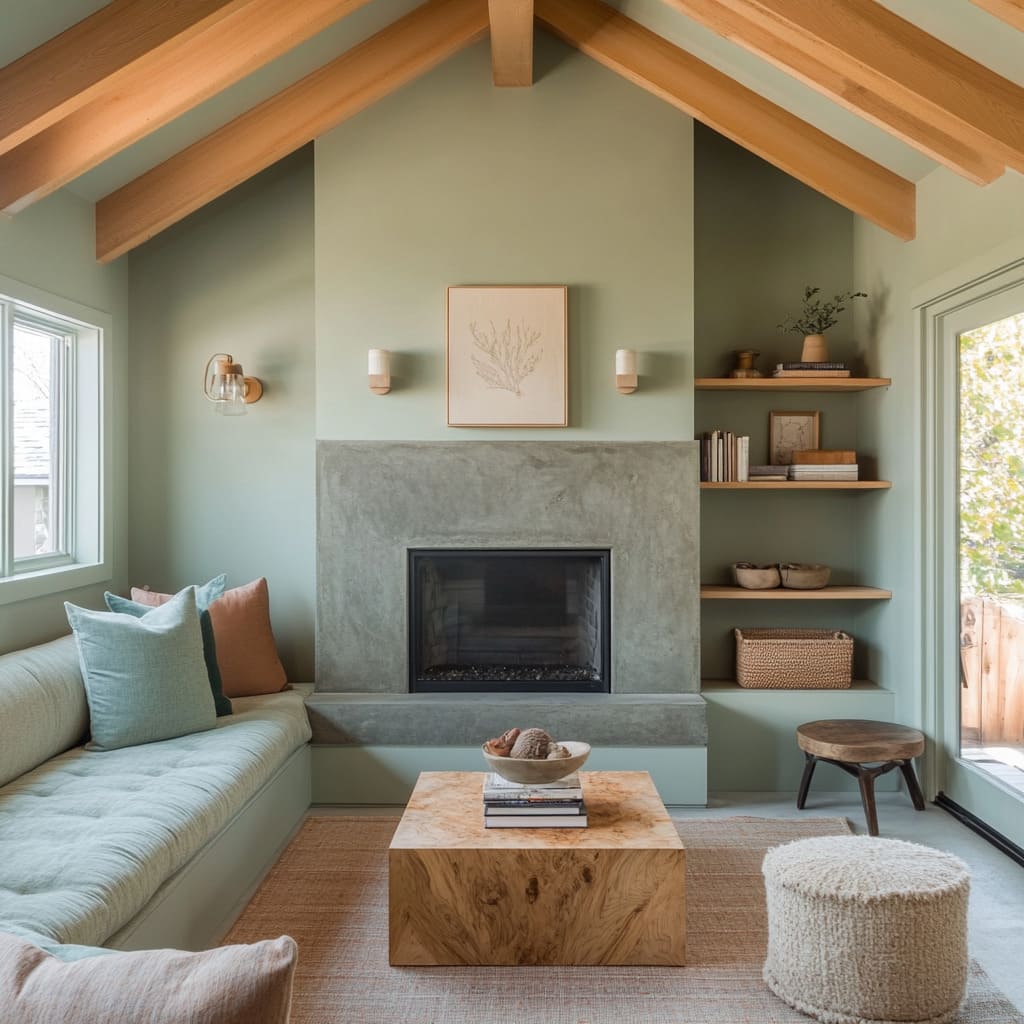 Soft Sage Living Room with Built-in Bench and Plaster Fireplace Soft Sage Living Room with Built-in Bench and Plaster Fireplace