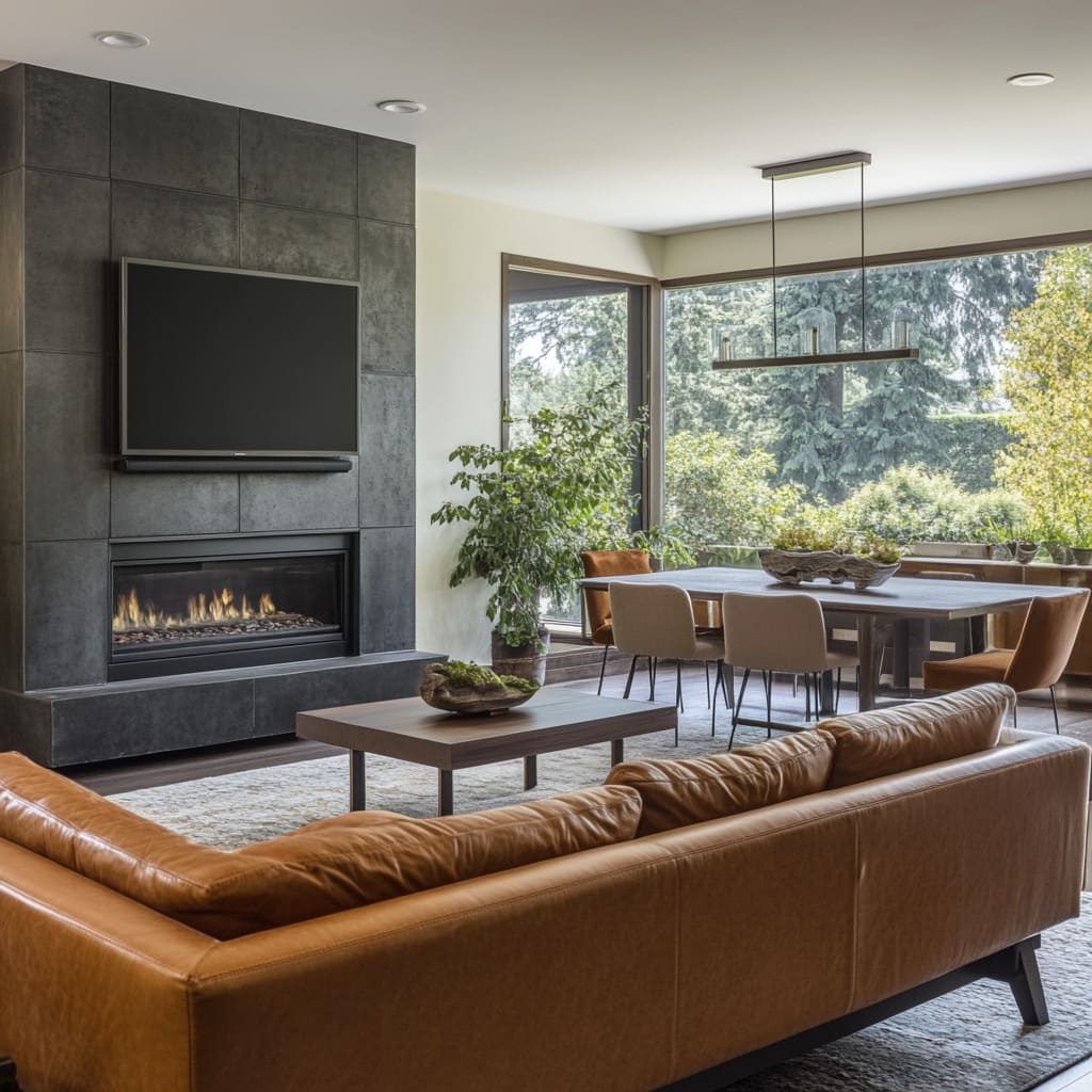 Split-Zone Room with Monolithic Tile Fireplace and Outdoor-Facing Dining Split-Zone Room with Monolithic Tile Fireplace and Outdoor-Facing Dining