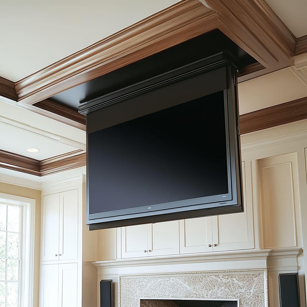 A TV lift system where a flat-screen television has dropped down vertically