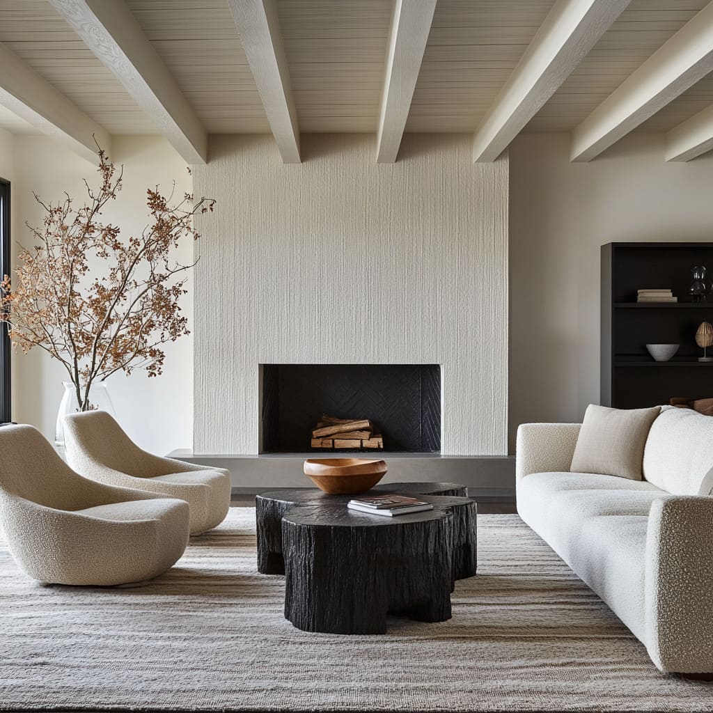 Textured Fireplace Wall with Natural Beams and Sculptural Furniture Textured Fireplace Wall with Natural Beams and Sculptural Furniture