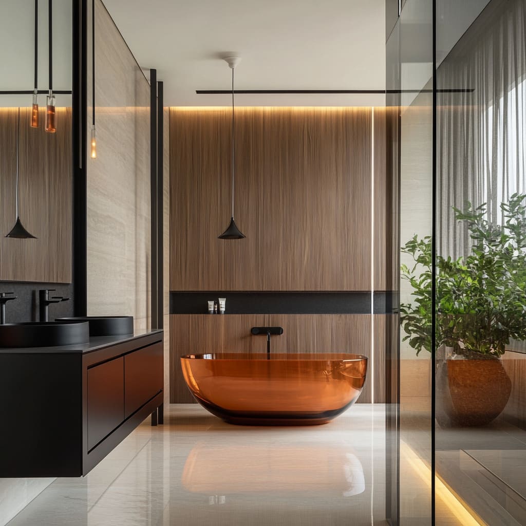 The amber-tinted glass bathtub is an unconventional and striking choice, offering a sense of visual lightness while maintaining a rich, warm presence
