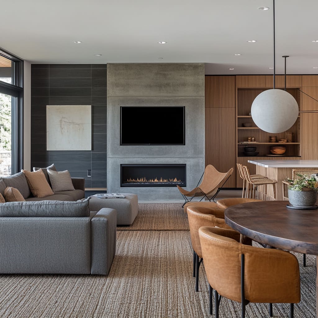 The central feature is a poured-in-place concrete fireplace wall with visible trowel marks, vertical seams, and a cool-gray tone The central feature is a poured-in-place concrete fireplace wall with visible trowel marks, vertical seams, and a cool-gray tone