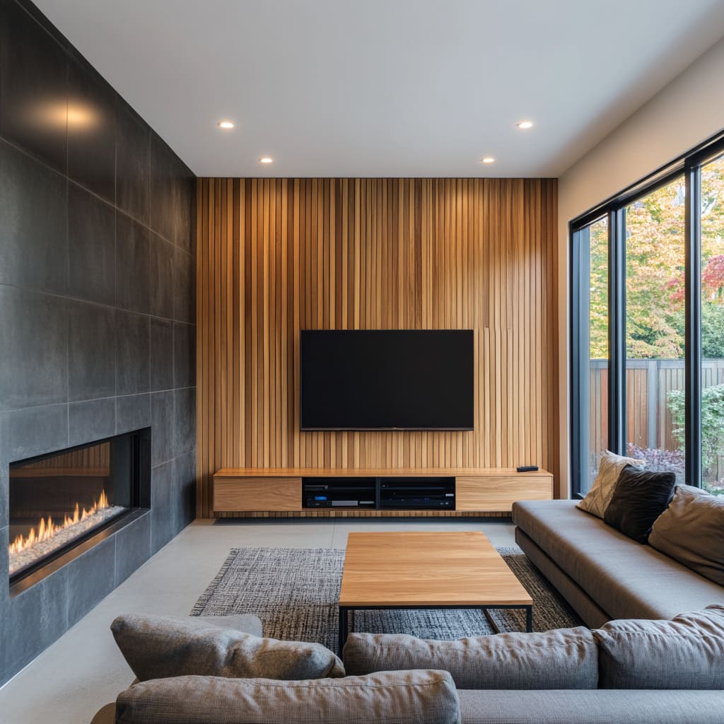 The dark wall is clad in oversized matte porcelain tiles, stacked precisely and uninterrupted by trim or seam The dark wall is clad in oversized matte porcelain tiles, stacked precisely and uninterrupted by trim or seam