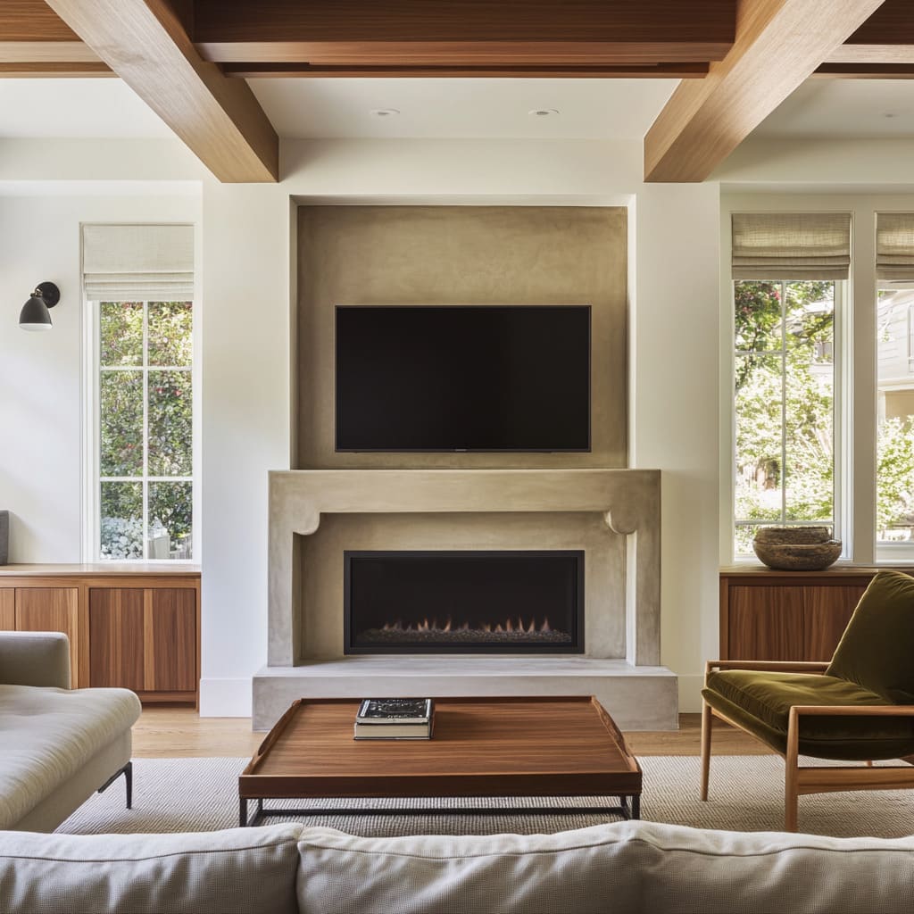 The defining visual element in this room is the sculpted fireplace surround made of hand-troweled plaster or cast concrete The defining visual element in this room is the sculpted fireplace surround made of hand-troweled plaster or cast concrete