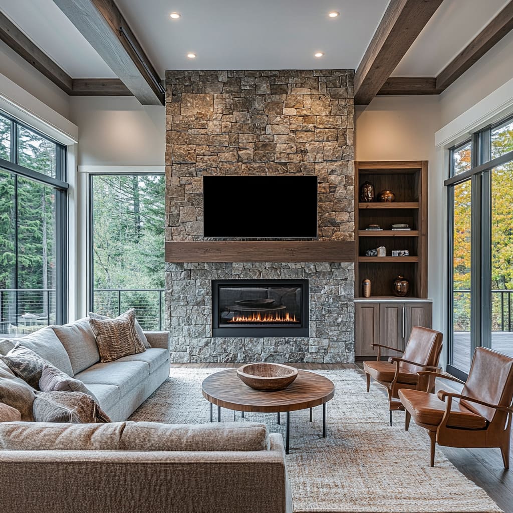 The hearth wall here is a showstopper, constructed from irregular-cut natural fieldstone in warm, earthy hues ranging from soft beige to de The hearth wall here is a showstopper, constructed from irregular-cut natural fieldstone in warm, earthy hues ranging from soft beige to de
