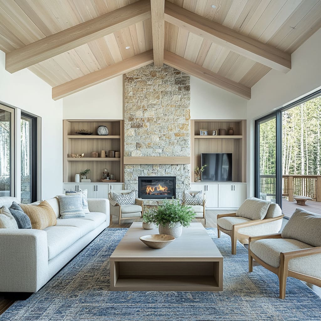 The high-pitched ceiling in natural pine boards is intersected by hefty structural beams in a matching tone, highlighting the architectura