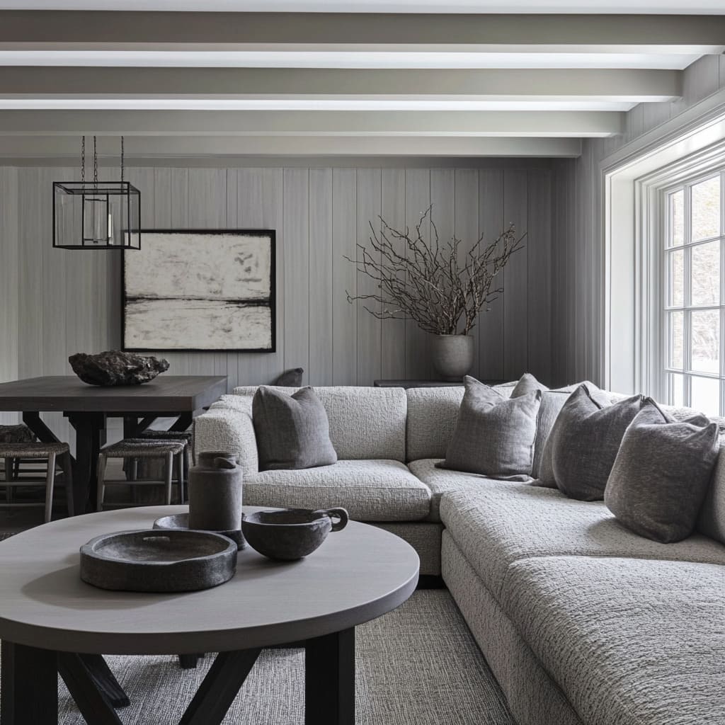 The living area's walls are clad in pale gray limewash, offering a subtle texture that contrasts with the smooth ceiling beams painted a cooler steel