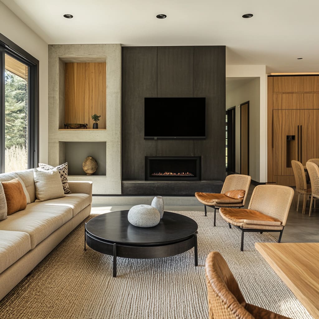 The standout feature is the fireplace and TV wall, clad in vertically seamed blackened steel panels The standout feature is the fireplace and TV wall, clad in vertically seamed blackened steel panels