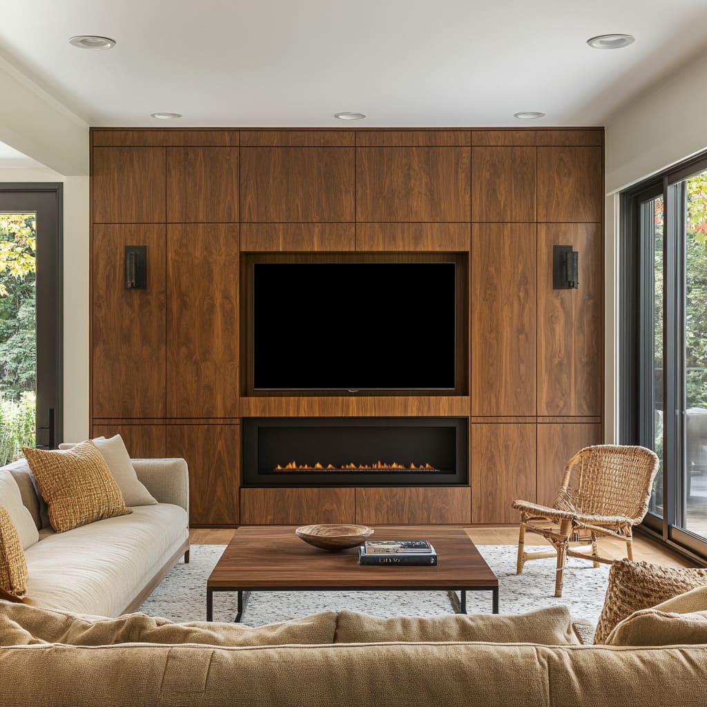 This space epitomizes the clean, composed confidence of high-end Pacific Northwest interiors through a full-height walnut built-in This space epitomizes the clean, composed confidence of high-end Pacific Northwest interiors through a full-height walnut built-in