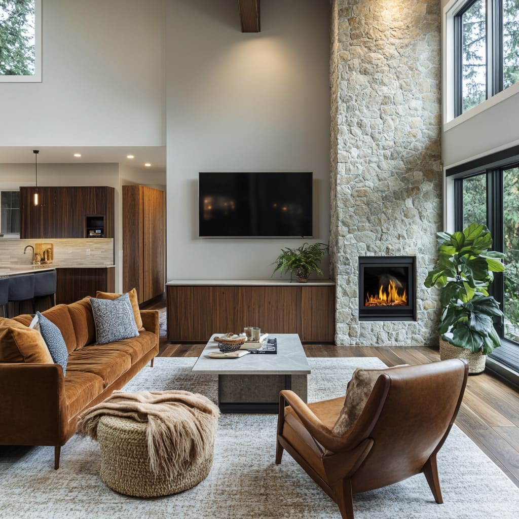 Two-Story Stone Fireplace with Inset Firebox and Layered Textures Two-Story Stone Fireplace with Inset Firebox and Layered Textures