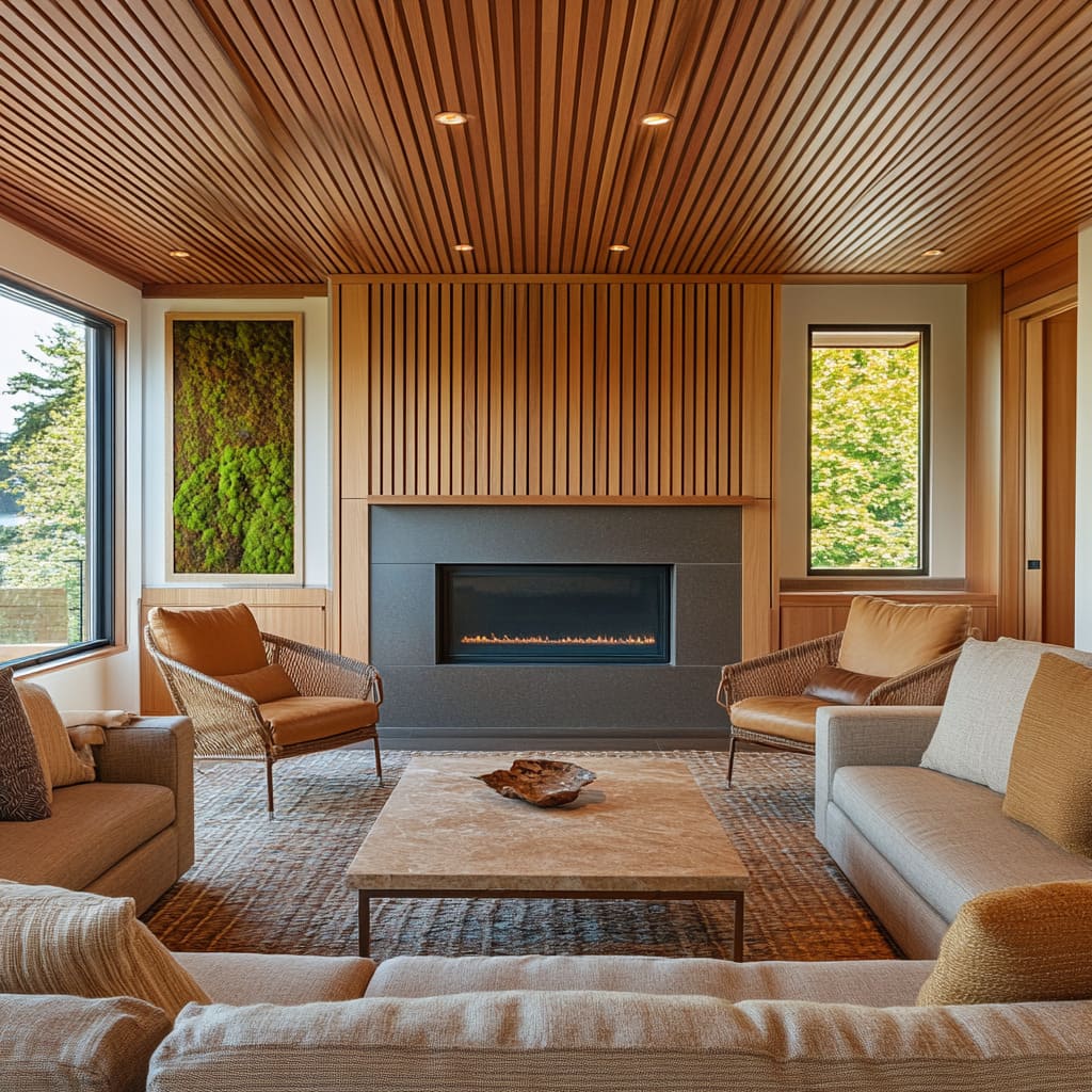 Warm Wood Slatted Ceiling and Organic Textures with Framed Moss Accent Warm Wood Slatted Ceiling and Organic Textures with Framed Moss Accent