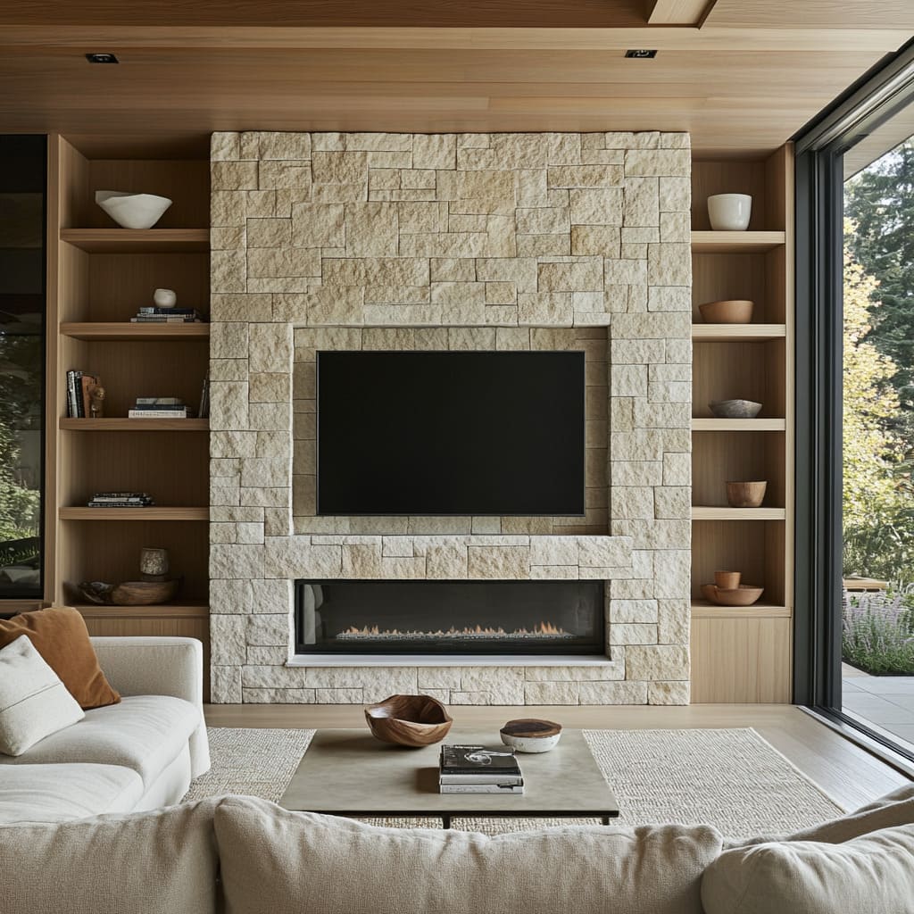 What's brilliant is how the TV and fireplace are framed within this stone—both cutouts are recessed with perfectly squared edges, the stone What's brilliant is how the TV and fireplace are framed within this stone—both cutouts are recessed with perfectly squared edges, the stone