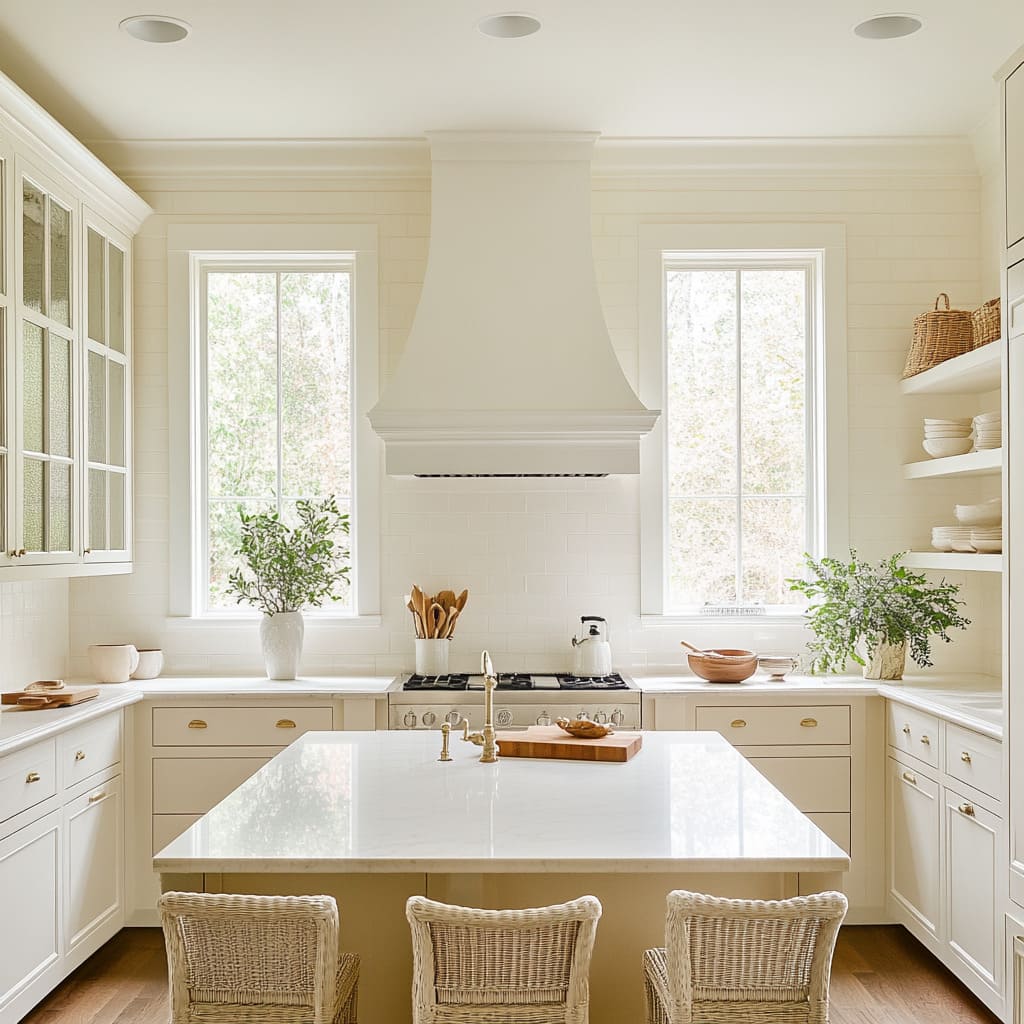 with various white tones, using ivory shaker cabinetry along the perimeter and a brighter white quartz for the countertops and backsplash