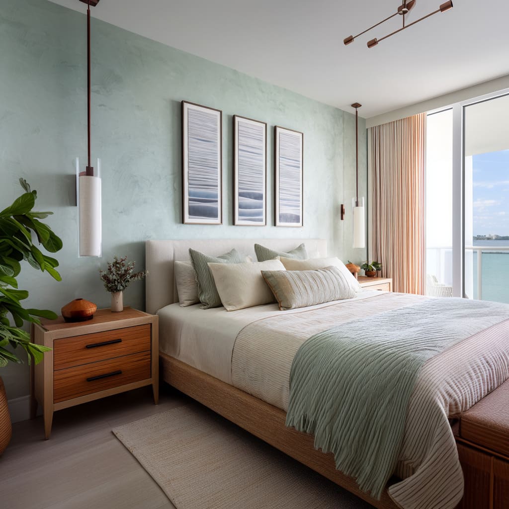 A Contemporary Coastal Bedroom with Seafoam Plaster and Floating Light Fixtures