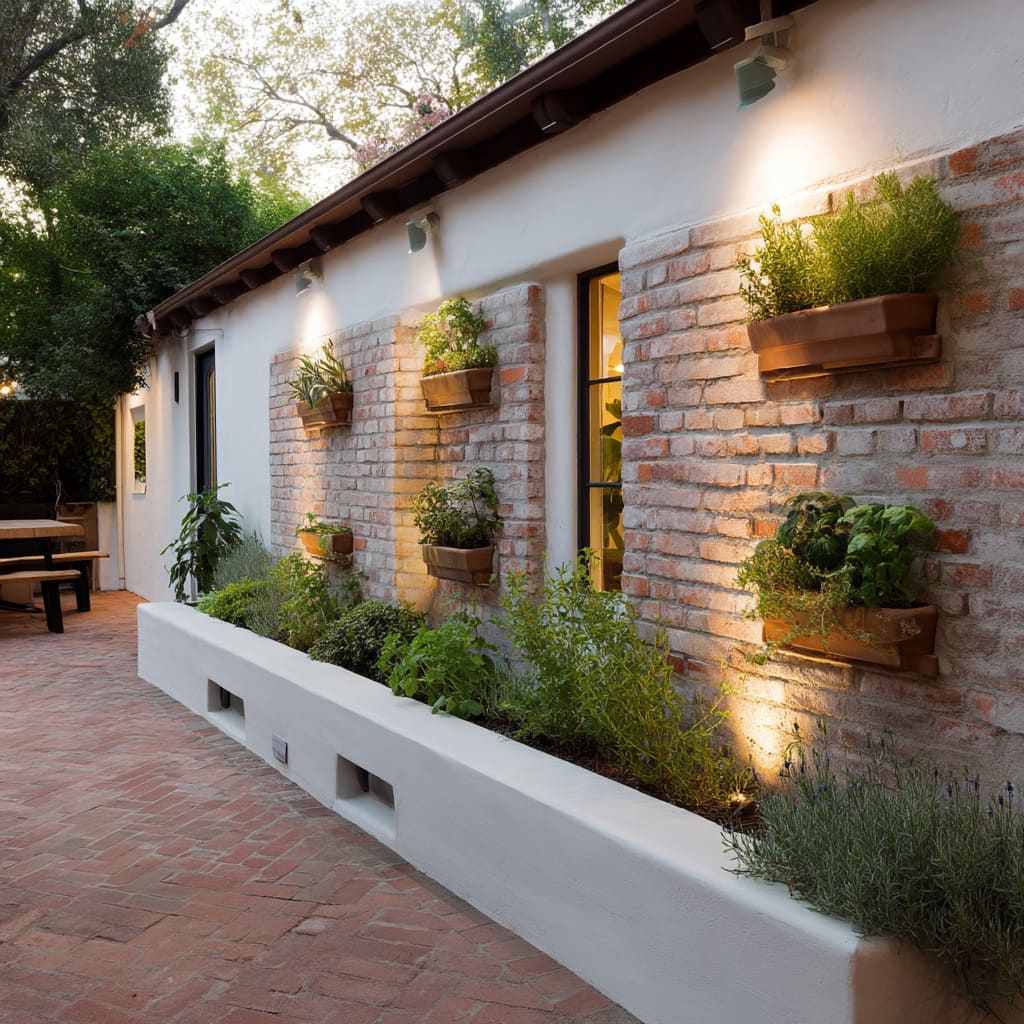 Five terracotta-colored rectangular planters are mounted at mid-height in a staggered, lightly informal grid
