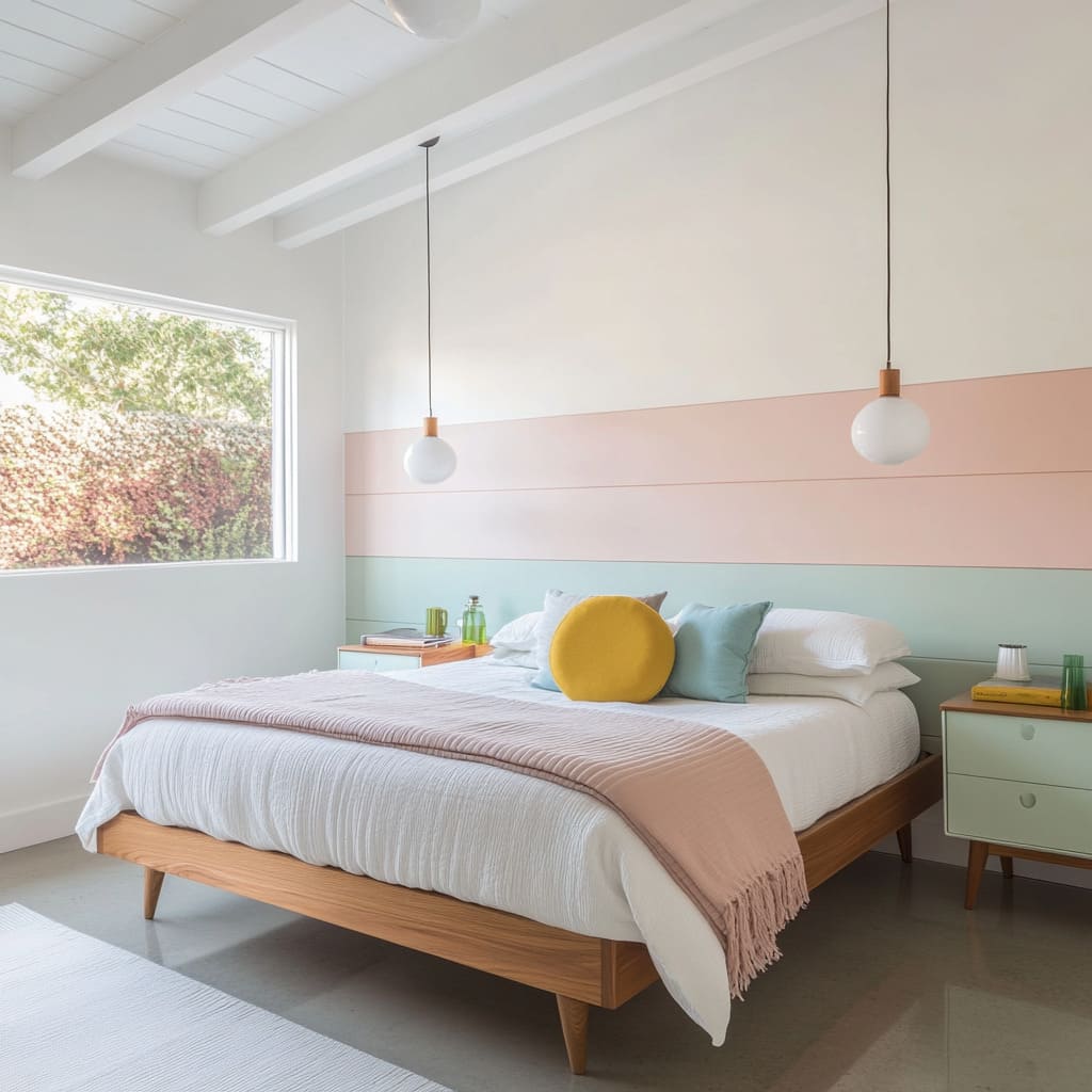 The bed frame is solid light-toned wood with tapering midcentury legs and a shallow profile
