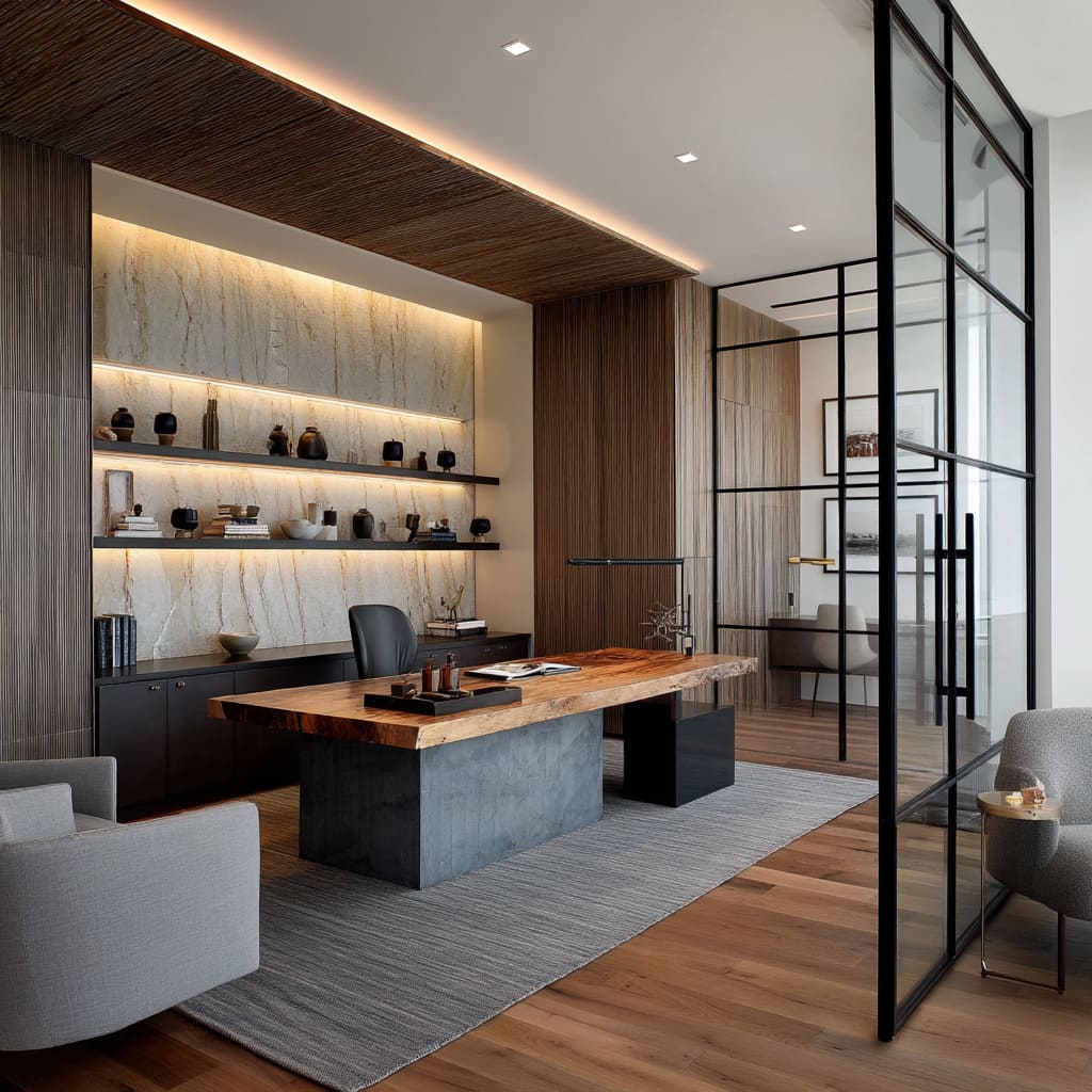 The desk is the focal point a live-edge slab of wood sits atop two distinctly different bases
