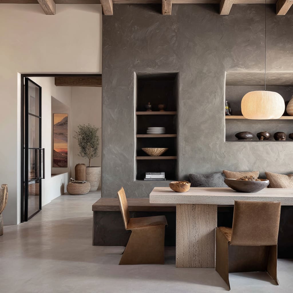 Pared acento con pintura texturizada en arcilla oscura y acabado tipo yeso. Pared acento con pintura texturizada en arcilla oscura y acabado tipo yeso.