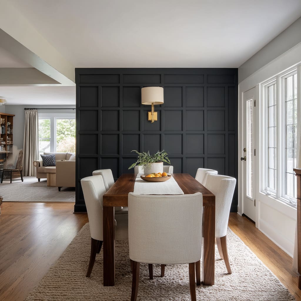 Superficie protagonista en tono carbón profundo con molduras aplicadas en un comedor transicional. Superficie protagonista en tono carbón profundo con molduras aplicadas en un comedor transicional.