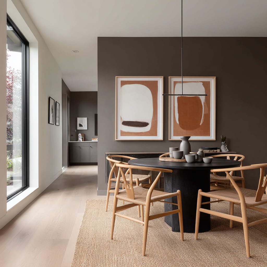 Pared acento tipo galería enmarcada con impresiones de gran formato sobre fondo marrón moca. Pared acento tipo galería enmarcada con impresiones de gran formato sobre fondo marrón moca.