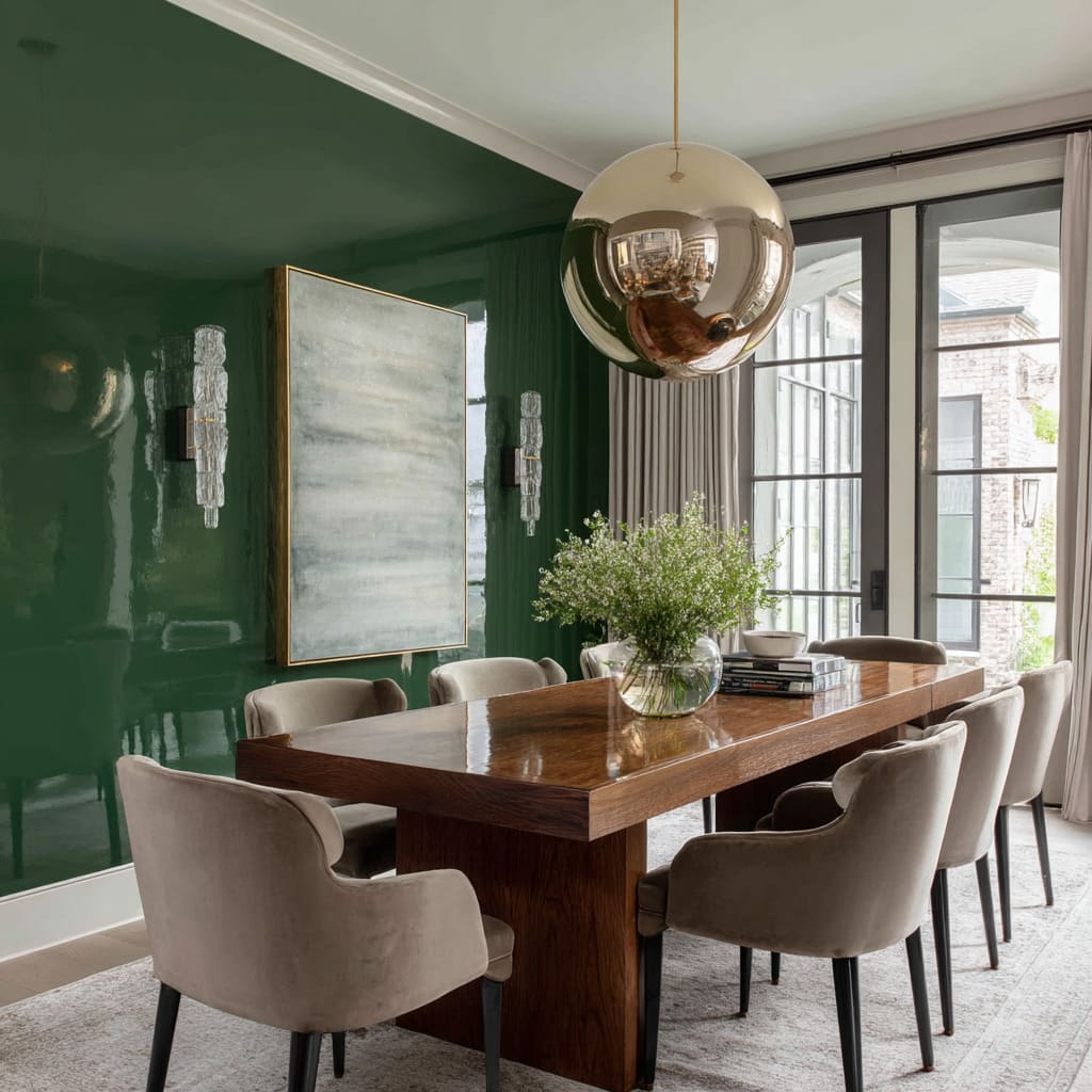 Pared acento en laca verde intenso con acabado brillante en un comedor de diseño lujoso. Pared acento en laca verde intenso con acabado brillante en un comedor de diseño lujoso.