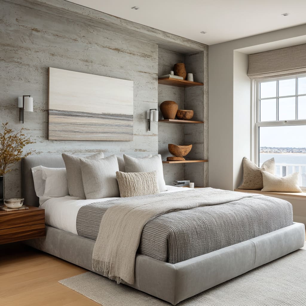 A Low Velvet Grey Upholstered Headboard with Concrete Feature Wall A Low Velvet Grey Upholstered Headboard with Concrete Feature Wall