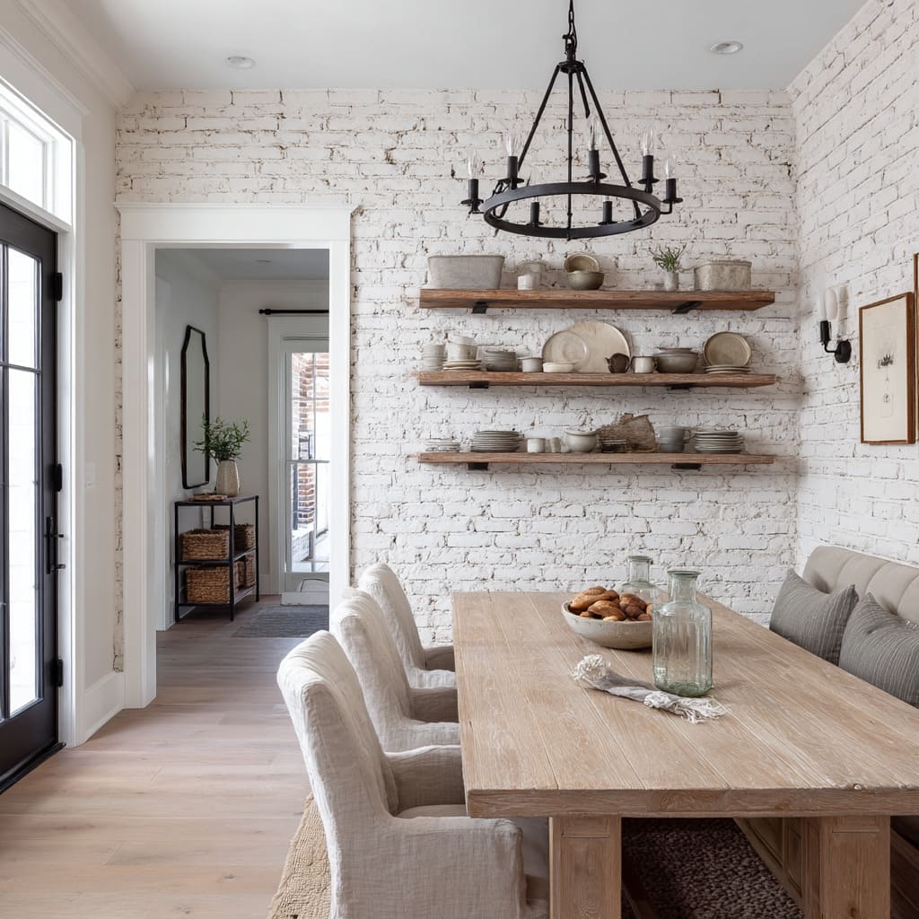Área focal de ladrillo blanco blanqueado con estanterías abiertas en un comedor estilo farmhouse acogedor. Área focal de ladrillo blanco blanqueado con estanterías abiertas en un comedor estilo farmhouse acogedor.