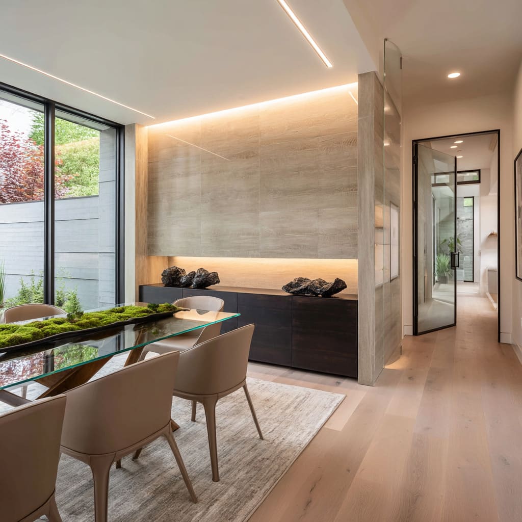 Pared acento de panel de madera con retroiluminación LED empotrada en un comedor contemporáneo y dramático. Pared acento de panel de madera con retroiluminación LED empotrada en un comedor contemporáneo y dramático.