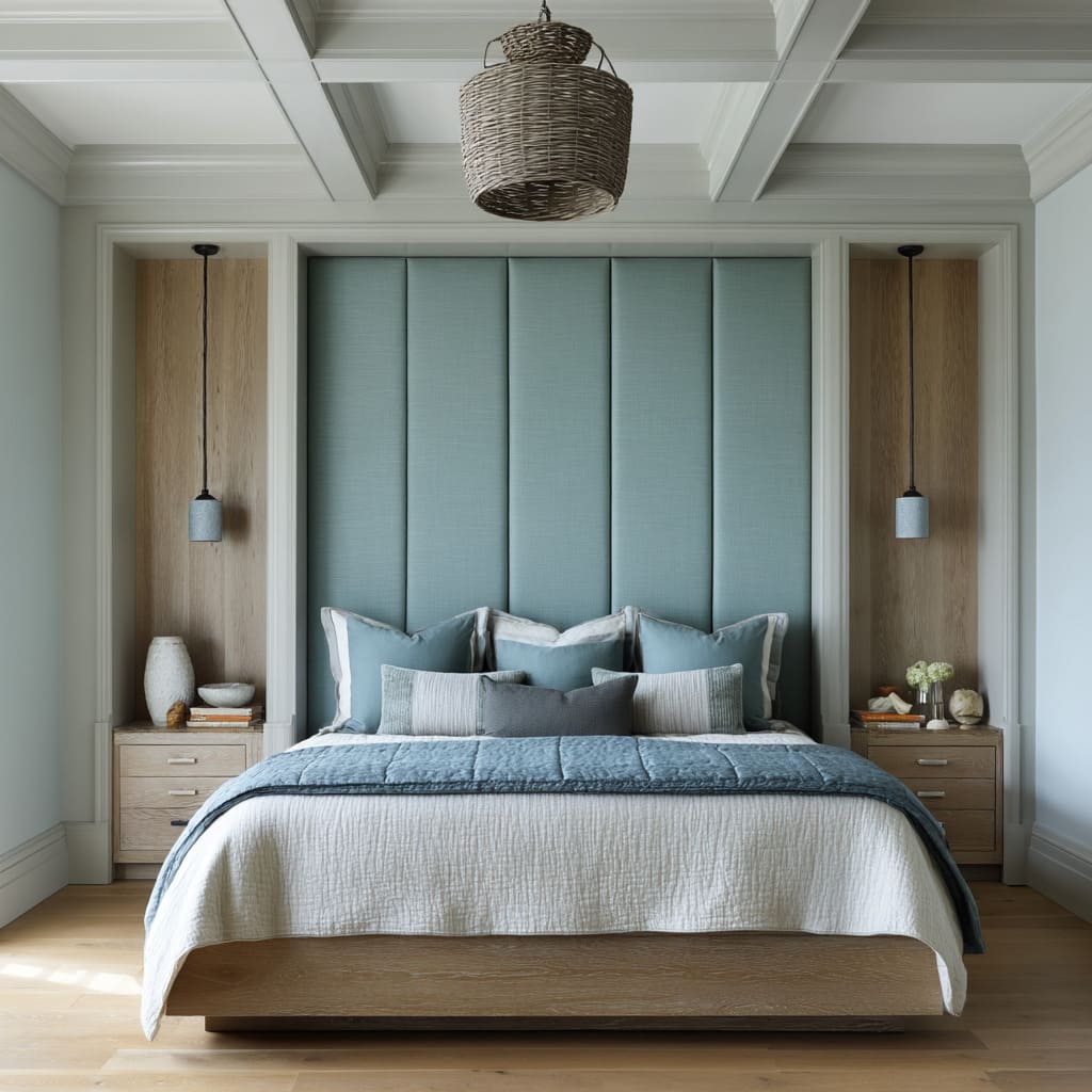 A Sculptural Simplicity in Vertical Blue Linen Headboard with Natural Framing A Sculptural Simplicity in Vertical Blue Linen Headboard with Natural Framing