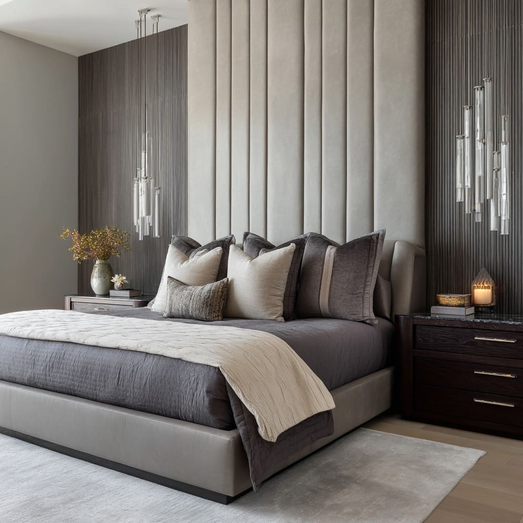 A Towering Sculptural Velvet Headboard with Vertical Channel Tufting and Metallic Sheen A Towering Sculptural Velvet Headboard with Vertical Channel Tufting and Metallic Sheen