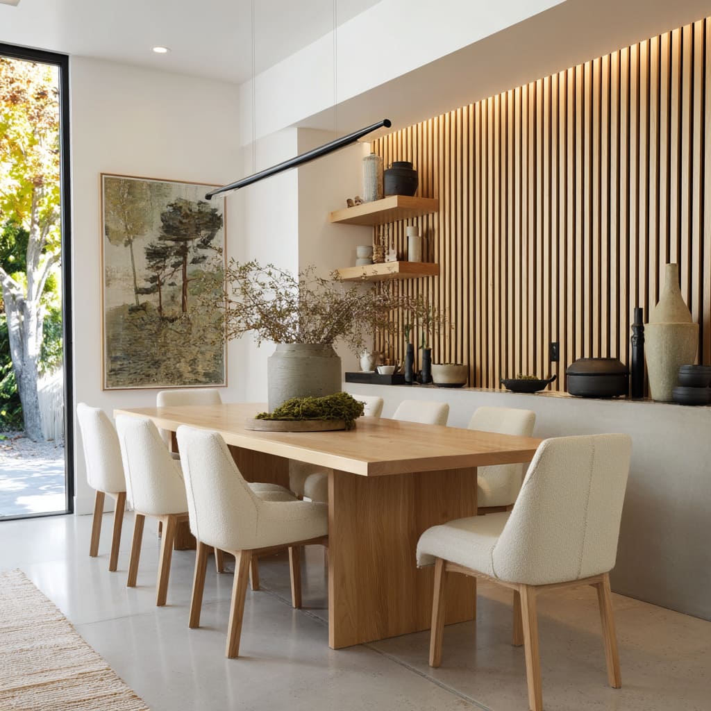 Pared acento de listones verticales de madera con estantería integrada y luz suave trasera. Pared acento de listones verticales de madera con estantería integrada y luz suave trasera.