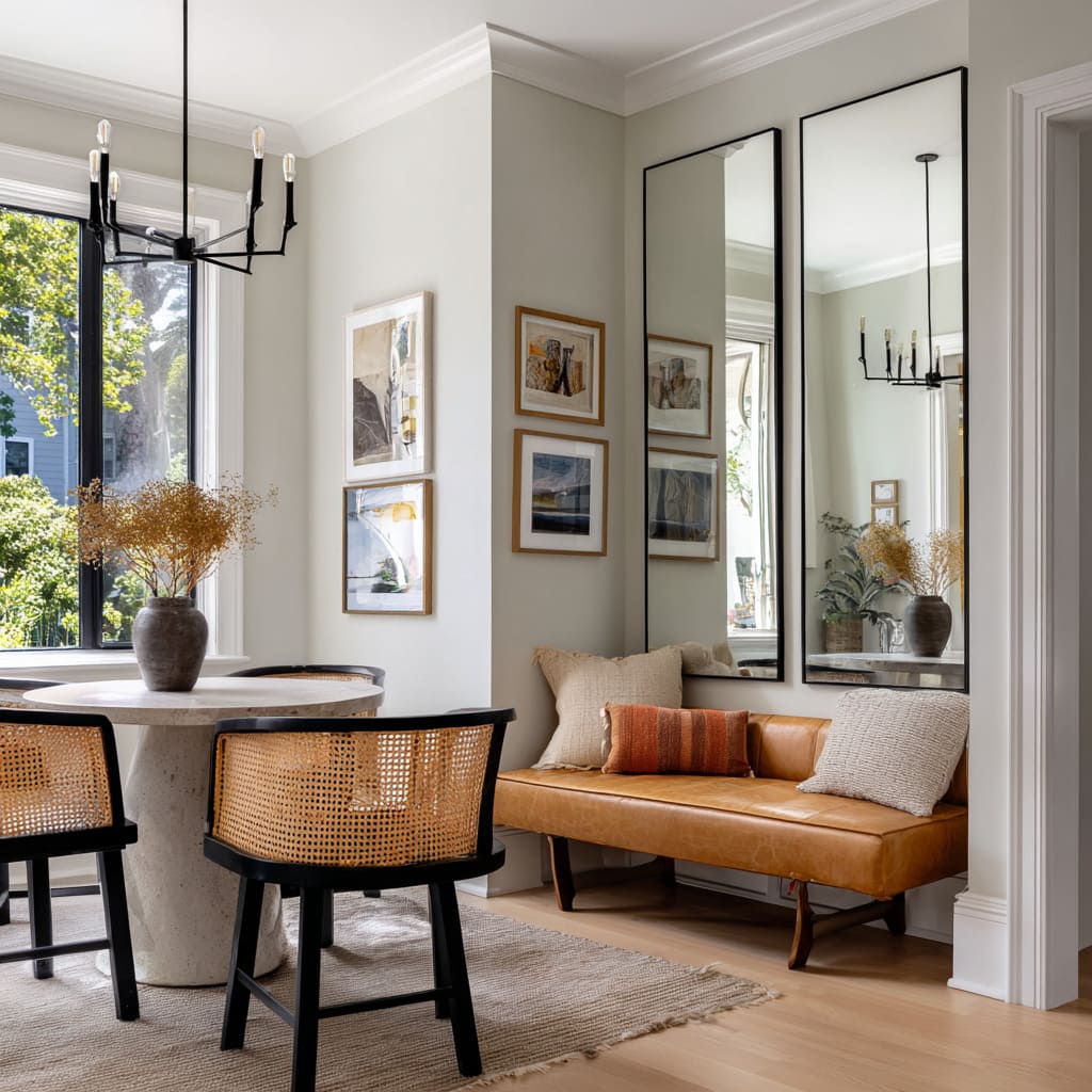 A beautiful mirror setup uses a corner installation of two full-height rectangular mirrors with matte black frames A beautiful mirror setup uses a corner installation of two full-height rectangular mirrors with matte black frames