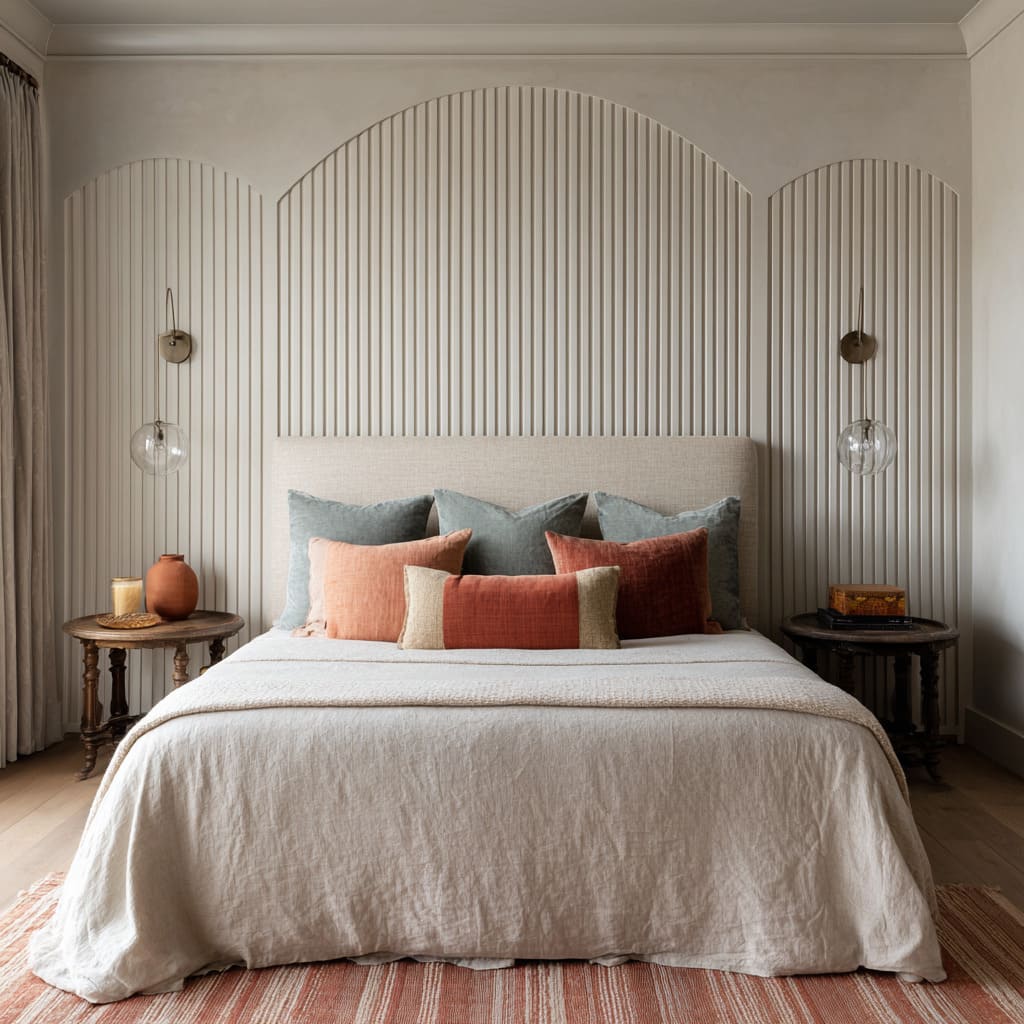 A bedroom design centers around a custom fluted plaster wall composed of tightly spaced vertical ridges that create a strong sense A bedroom design centers around a custom fluted plaster wall composed of tightly spaced vertical ridges that create a strong sense