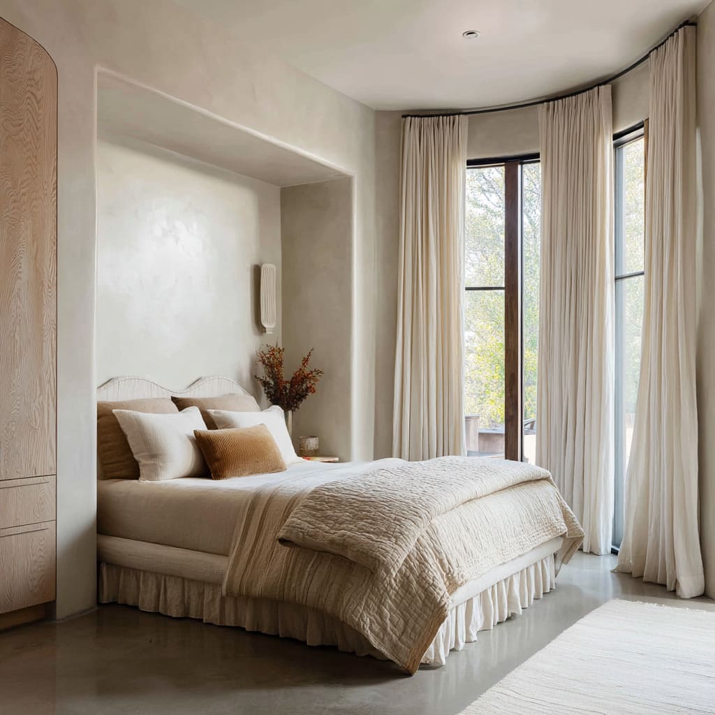 A bedroom design uses a high-level minimalist approach but still leans into the essence of cottagecore through natural finishes, aged softness A bedroom design uses a high-level minimalist approach but still leans into the essence of cottagecore through natural finishes, aged softness