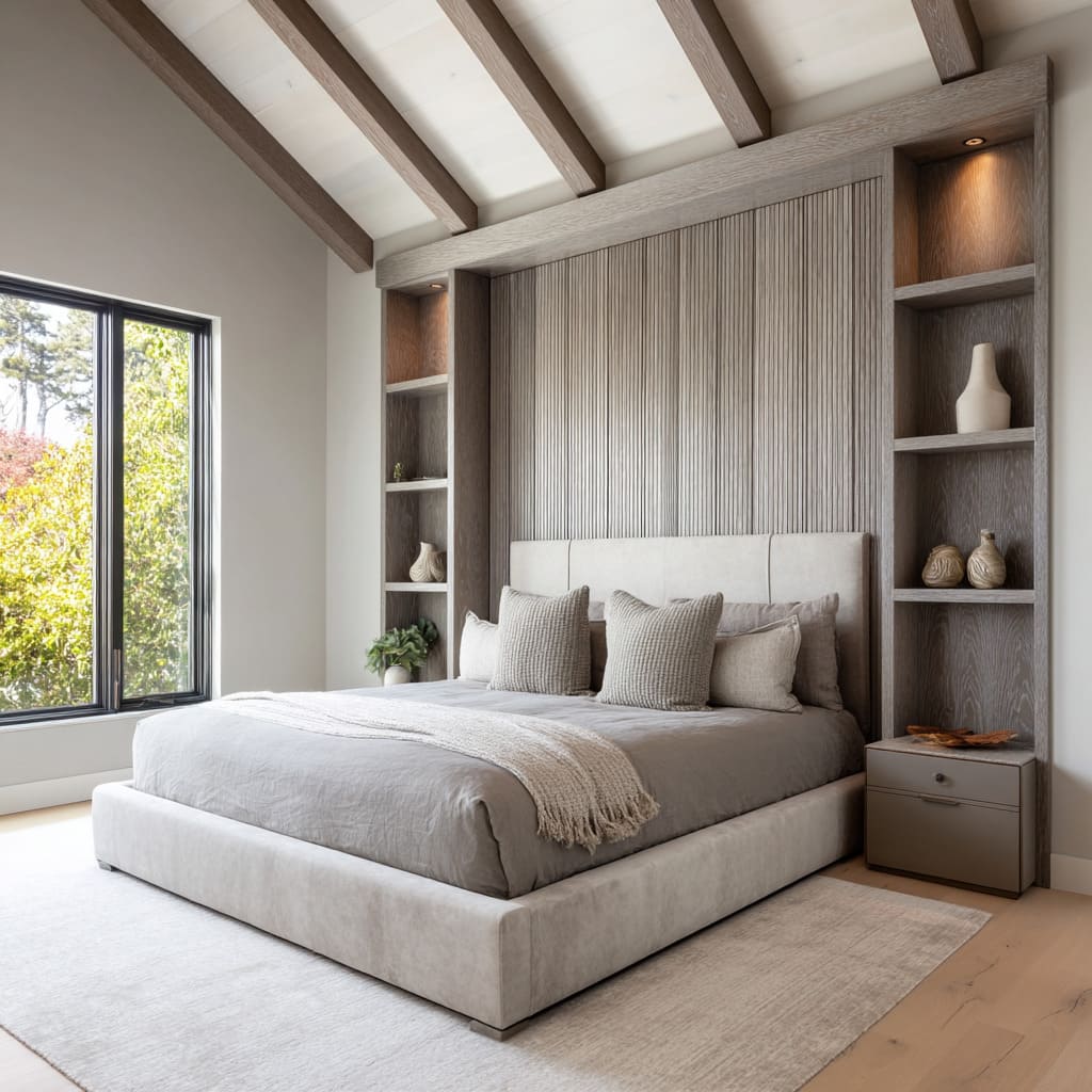 A bedroom is structured around a fully integrated headboard wall, where a muted grey upholstered headboard anchors the bed inside a visually carved-out wood A bedroom is structured around a fully integrated headboard wall, where a muted grey upholstered headboard anchors the bed inside a visually carved-out wood