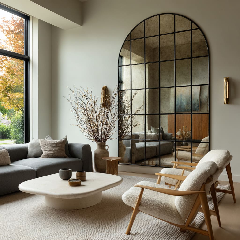 A bold and architectural bronze grid mirror stretches from the floor to well above eye level, shaped into a full arch that anchors the far wall A bold and architectural bronze grid mirror stretches from the floor to well above eye level, shaped into a full arch that anchors the far wall