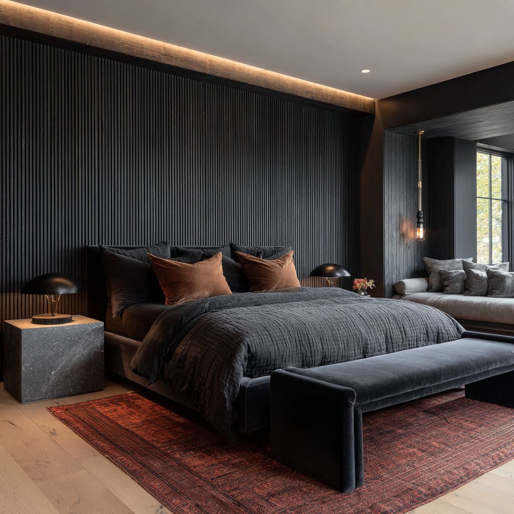 A bold bedroom design uses contrast through a floor-to-ceiling black fluted feature wall, composed of vertical battens spaced closely with precision A bold bedroom design uses contrast through a floor-to-ceiling black fluted feature wall, composed of vertical battens spaced closely with precision