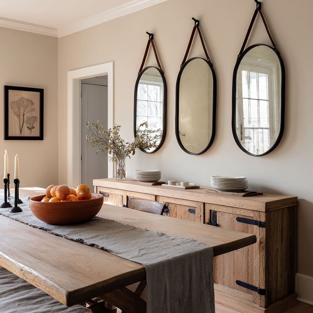 A charming dining design features three vertically aligned oval mirrors, each suspended from a leather strap, hanging from small wall-mounted hooks A charming dining design features three vertically aligned oval mirrors, each suspended from a leather strap, hanging from small wall-mounted hooks