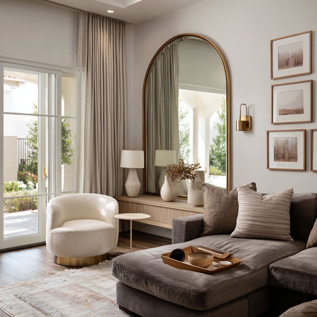 A creamy boucle chair with a round profile sits perfectly in front, playing off the curvature of the mirror, while the long chaise sectional A creamy boucle chair with a round profile sits perfectly in front, playing off the curvature of the mirror, while the long chaise sectional