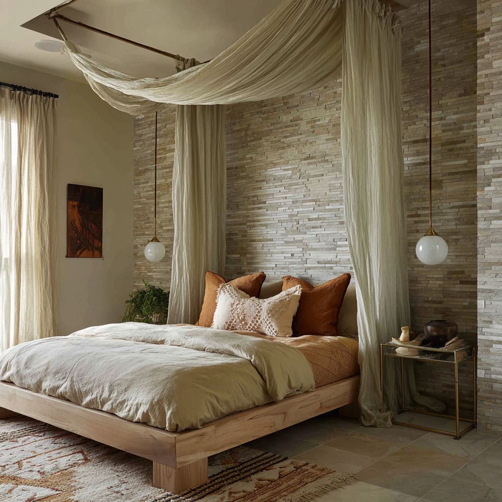 A creative bedroom design embraces a raw material palette led by a full-height wall of narrow stacked stone tiles A creative bedroom design embraces a raw material palette led by a full-height wall of narrow stacked stone tiles