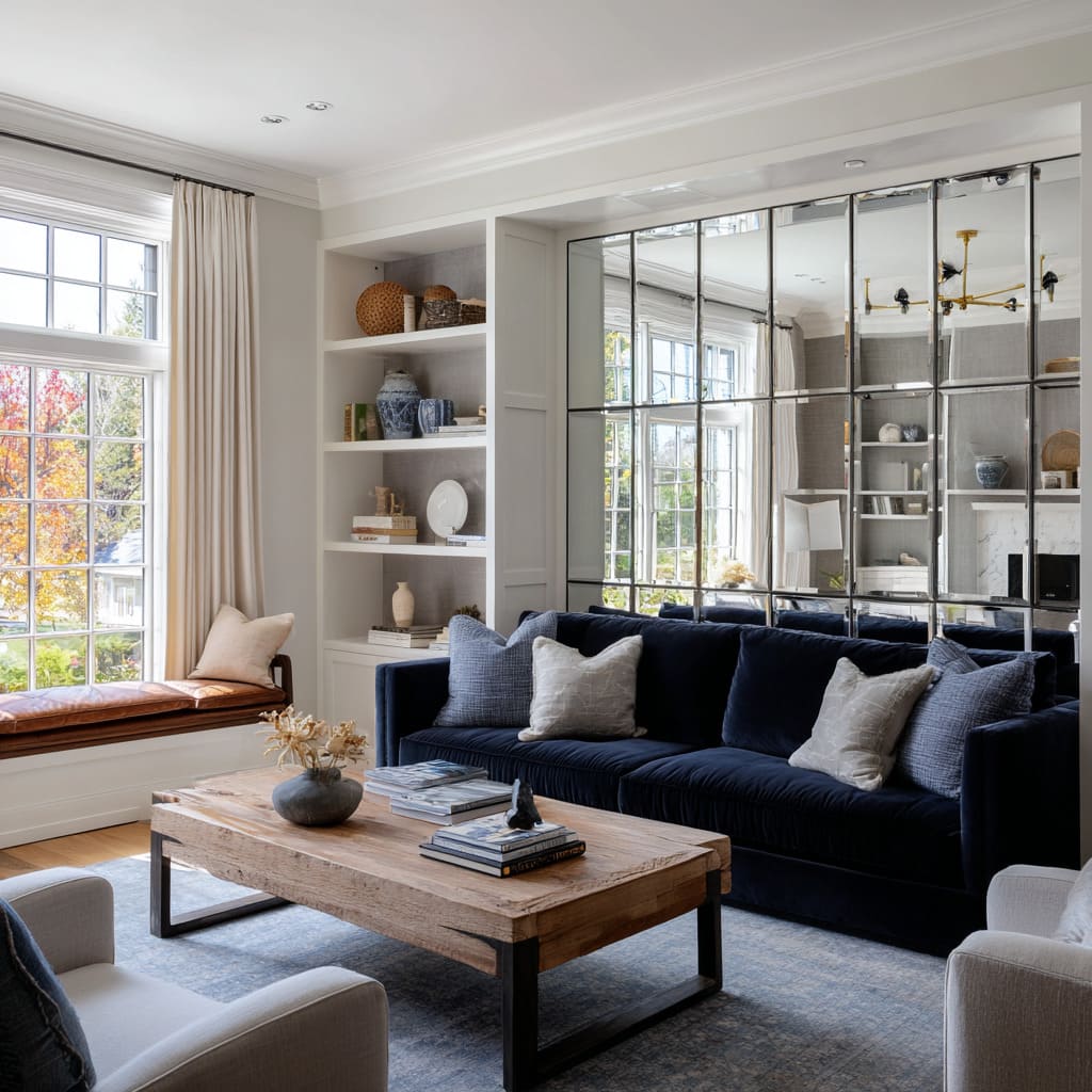 A design features a classic paneled mirror wall made of square glass tiles inset with thin metal mullions, each pane slightly beveled to reflect light A design features a classic paneled mirror wall made of square glass tiles inset with thin metal mullions, each pane slightly beveled to reflect light