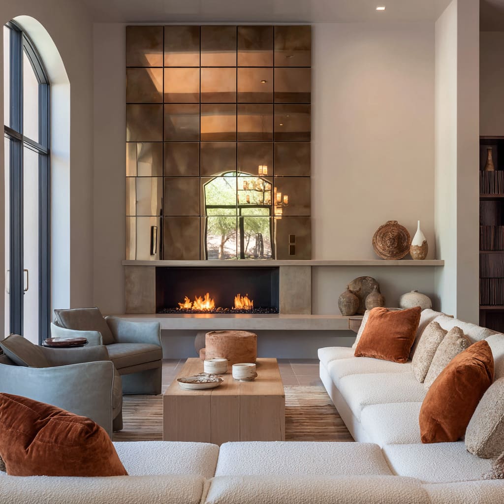 A full-height grid of bronze-tinted mirrors rises dramatically above the fireplace, composed of clean square tiles set flush in a symmetrical layou A full-height grid of bronze-tinted mirrors rises dramatically above the fireplace, composed of clean square tiles set flush in a symmetrical layou