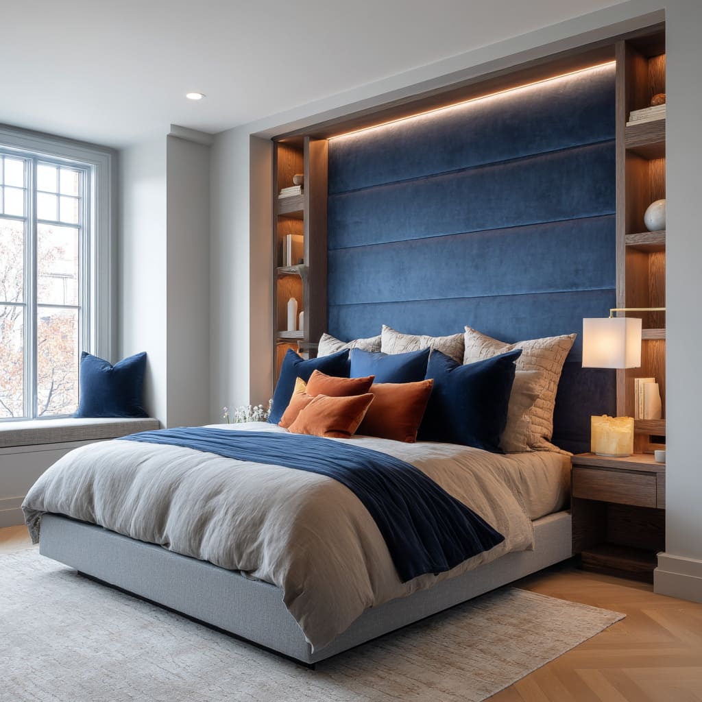 A headboard with Deep Horizontal Velvet Framing with Walnut Bookcase Integration and Warm Accent Layering A headboard with Deep Horizontal Velvet Framing with Walnut Bookcase Integration and Warm Accent Layering