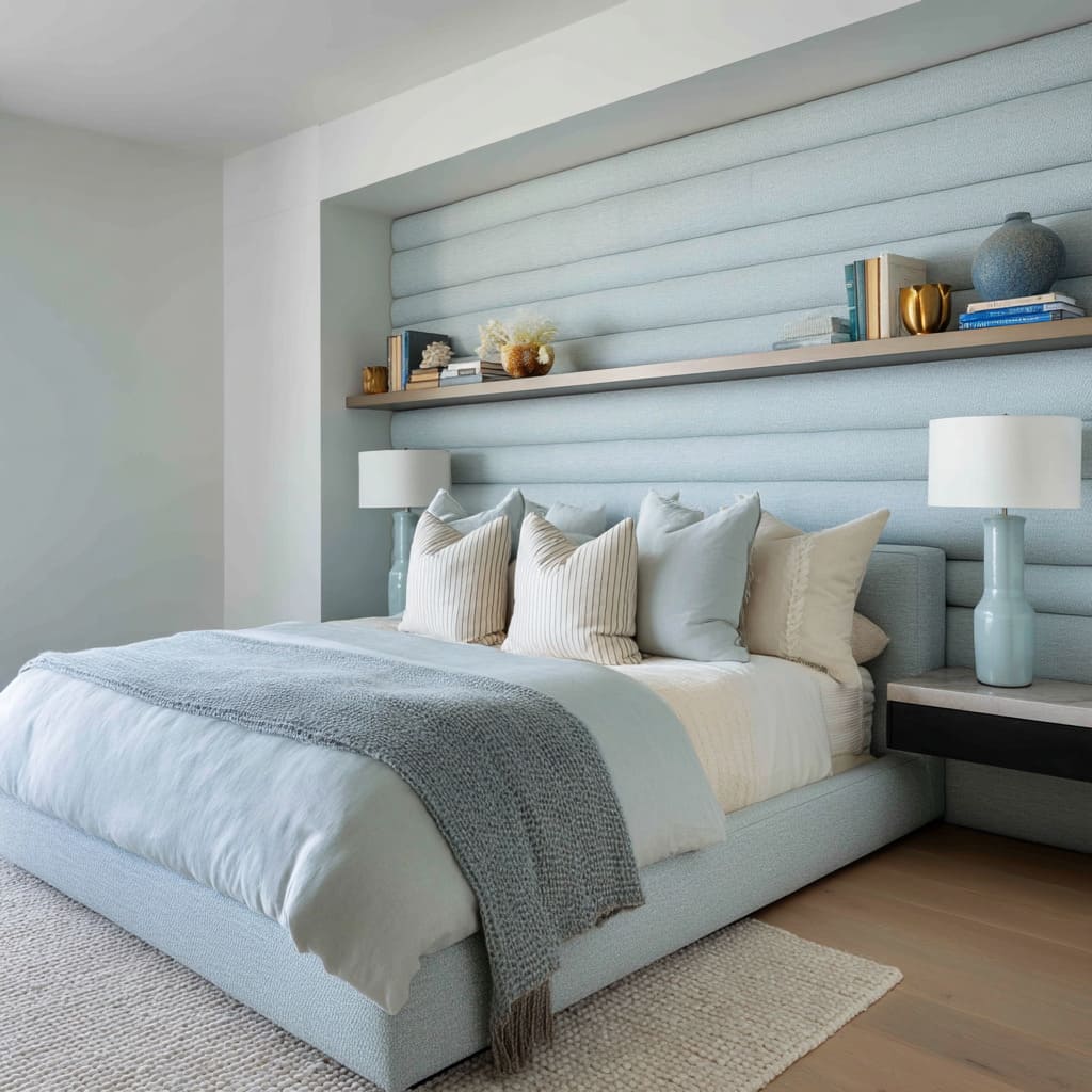 A home bedroom centers around a soft and serene blue upholstered wall with a subtle horizontal channel pattern, echoing the appearance A home bedroom centers around a soft and serene blue upholstered wall with a subtle horizontal channel pattern, echoing the appearance