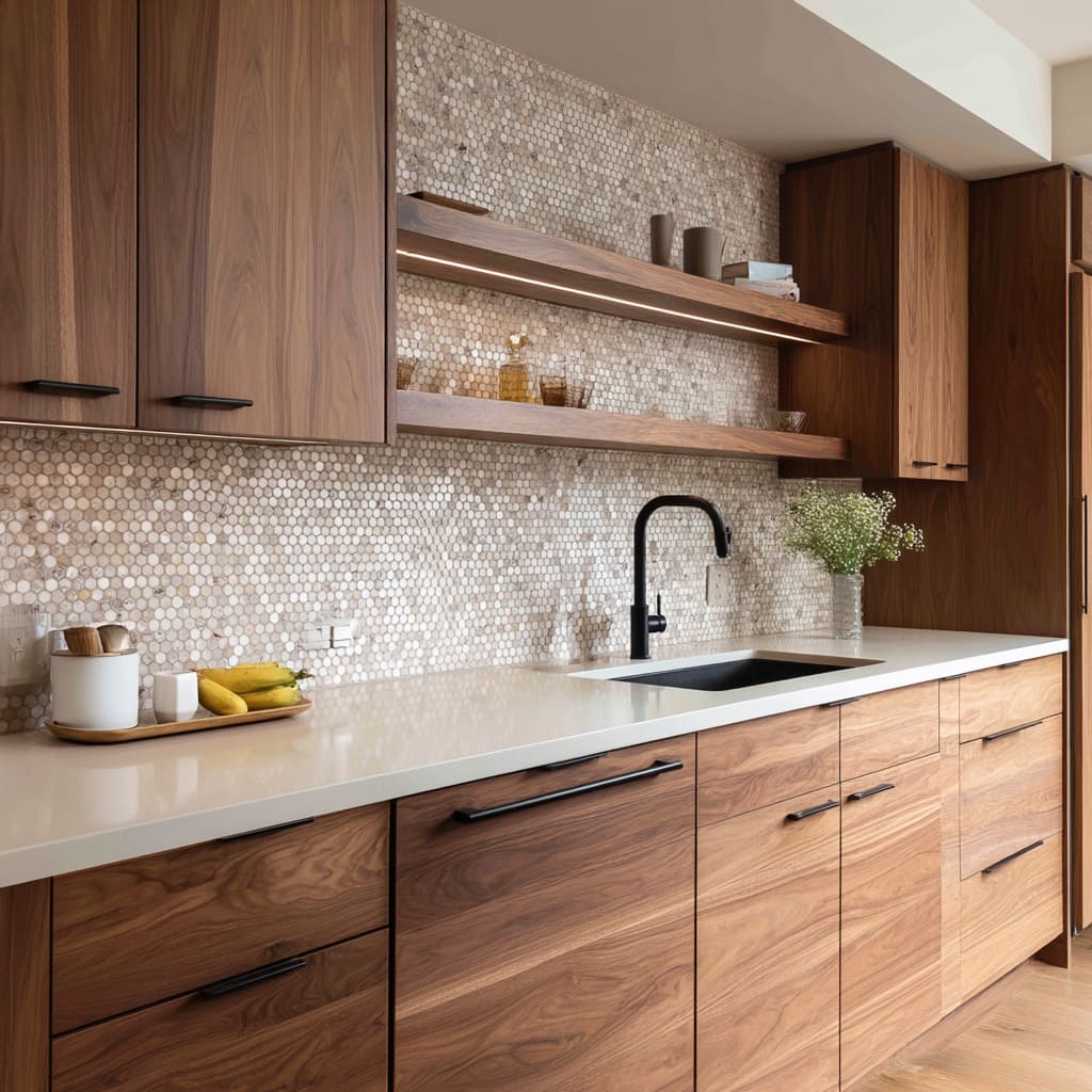 A kitchen design draws its unique visual character from the refined rhythm of a mini hex mosaic backsplash crafted in soft-toned marble A kitchen design draws its unique visual character from the refined rhythm of a mini hex mosaic backsplash crafted in soft-toned marble