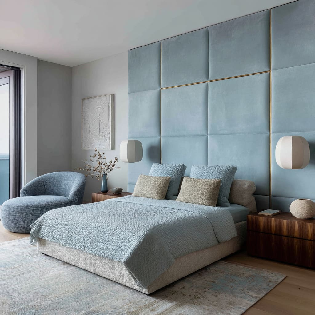 A large bedroom plays on softness and architectural structure by building a grid wall of oversized square panels upholstered in soft teal velvet A large bedroom plays on softness and architectural structure by building a grid wall of oversized square panels upholstered in soft teal velvet