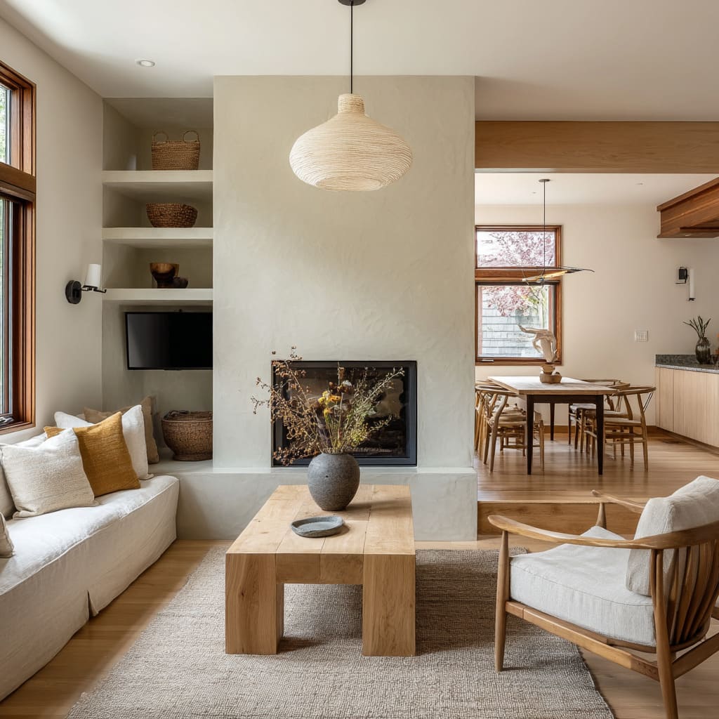 A living room design centers around a plaster-clad fireplace column, separating the living space from the dining zone behind it A living room design centers around a plaster-clad fireplace column, separating the living space from the dining zone behind it