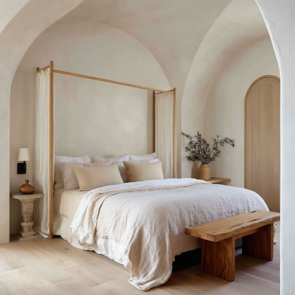 A minimal four-poster canopy bed anchors the room, its wooden posts pale and slim, draped lightly with gauzy curtains that barely fall forward A minimal four-poster canopy bed anchors the room, its wooden posts pale and slim, draped lightly with gauzy curtains that barely fall forward