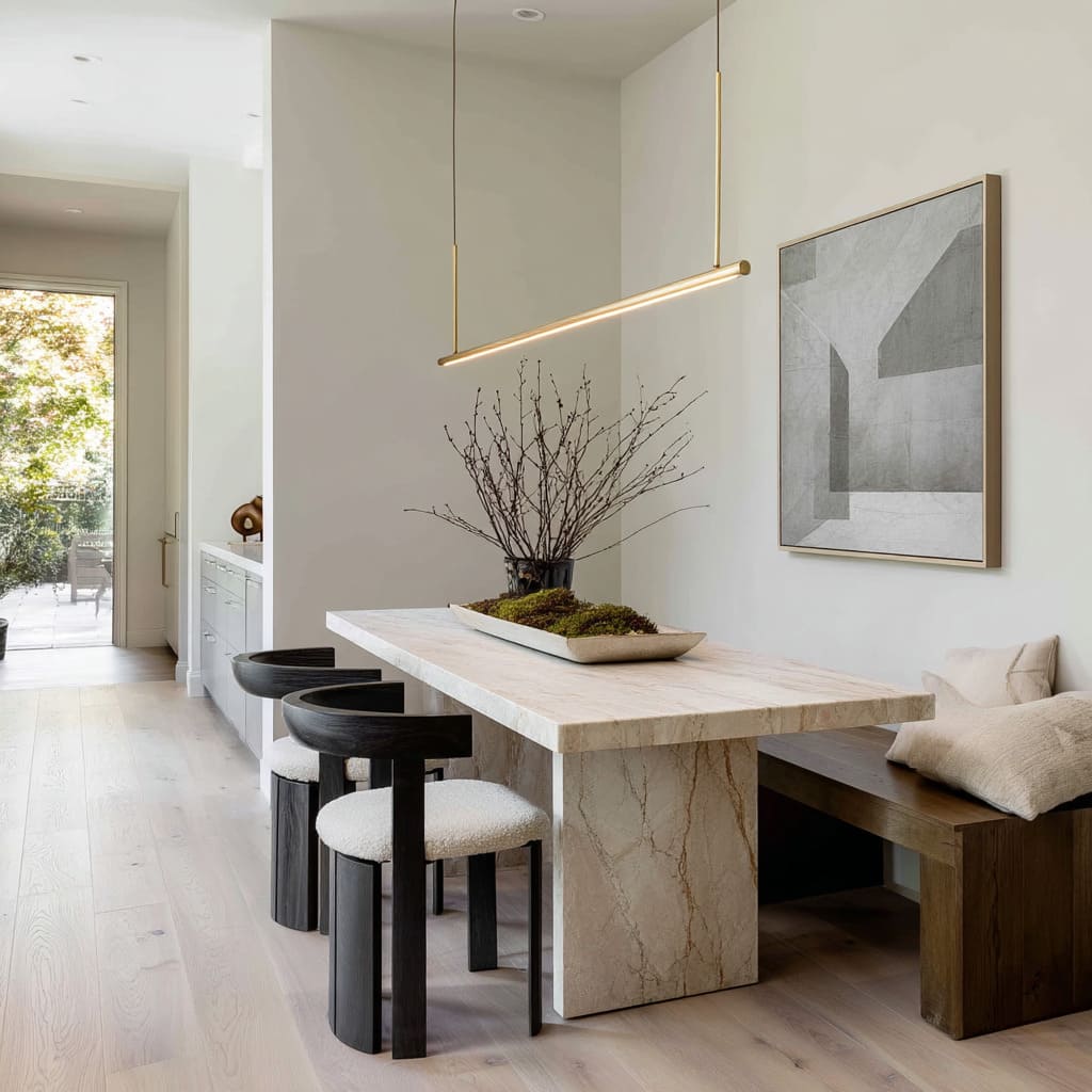 A minimalist dining room design uses ash gray on the walls, which skews warm enough to avoid being stark but cool enough to work in a modern context