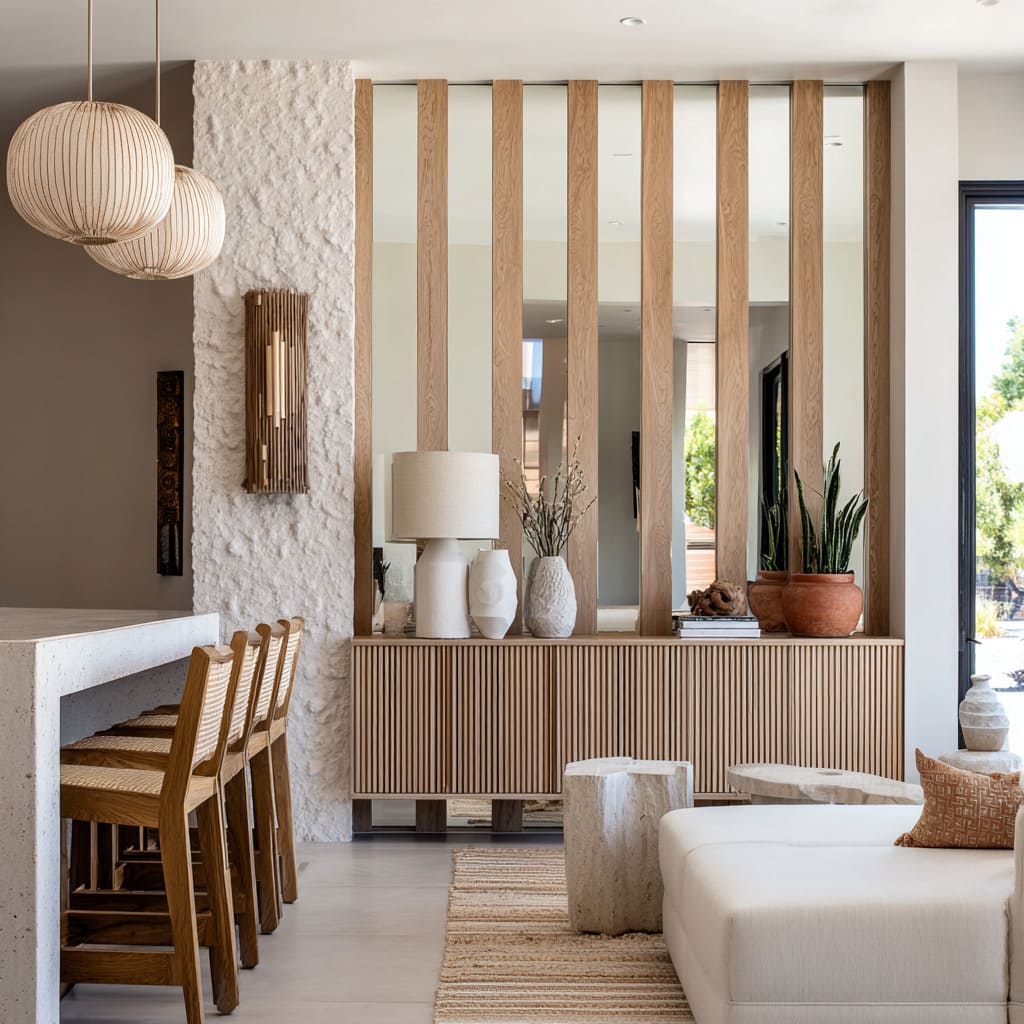 A modern design uses a rhythmic composition of vertical mirror strips alternating with wood slats to form a visually structured yet transparent wall d